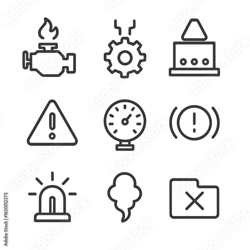 Mechanical Overload Icons. Outline icon set of overload in mechanical systems: engine overheating, gear stress, overloaded machine