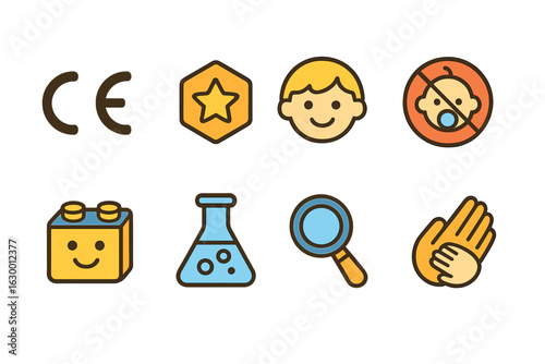 Toy Safety Icons. Flat vector mini-illustrations toy safety certifications in colors children's illustrations: CE mark, ASTM badge
