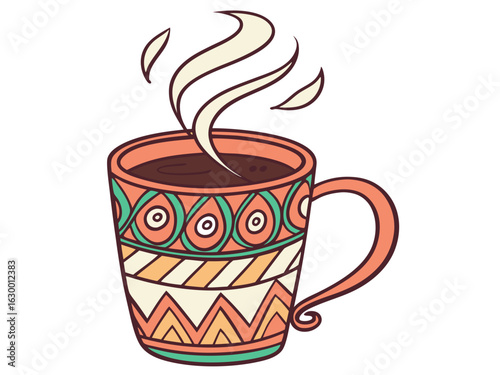 Vibrant coffee mug with colorful beans design, perfect for branding. A stylized illustration of a coffee mug filled with steaming coffee, featuring a vibrant pattern of coffee beans in various colors.