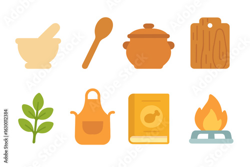 Traditional Cooking Icons. Flat vector mini-illustrations traditional cooking classes in colors children's illustrations: mortar