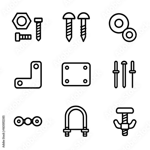 Mechanical Icon Set. Outline icon set of mechanical assembly: nuts and bolts, screws, washers, brackets, plates, rivets, joints,
