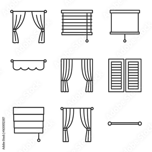 Window Treatments Icons. Outline icon set of window treatments: open curtains, blinds, shades, valances, drapes, shutters, roman