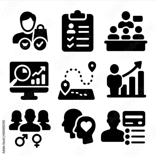 Consumer Behavior Icons. Solid, filled icons set of Consumer behavior analysis: buying decision, survey form,