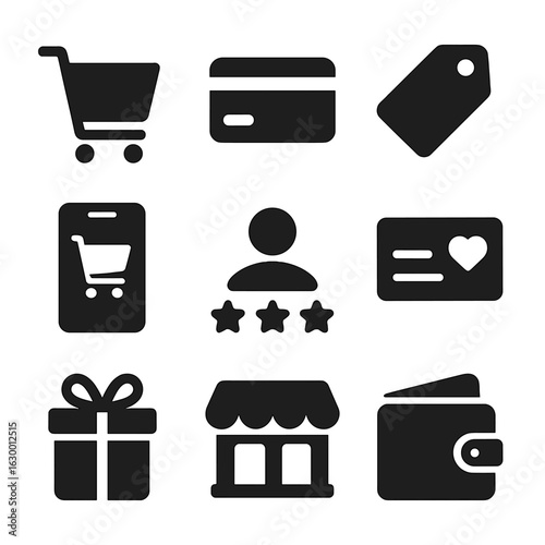 Consumer Behavior Icons. Solid, filled icons set of consumer behavior: shopping cart, credit card, sale tag,