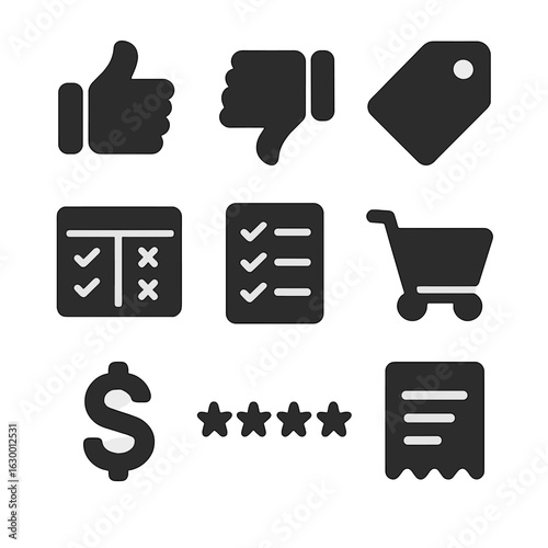 Consumer Choice Icons. Solid, filled icons set of consumer decision making: thumbs up, thumbs down, price tag,