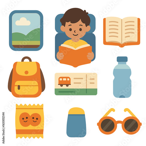 Train Adventure Icons. Flat vector mini-illustrations a child reading during a train journey in colors children's illustrations: