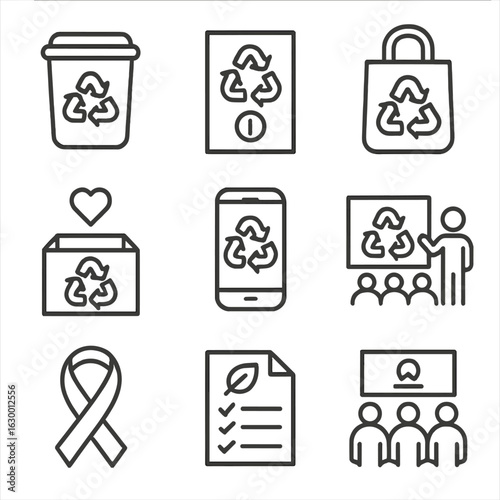 Consumer Recycling Icons. Outline icon set of consumer recycling awareness: recycling bin, information poster,