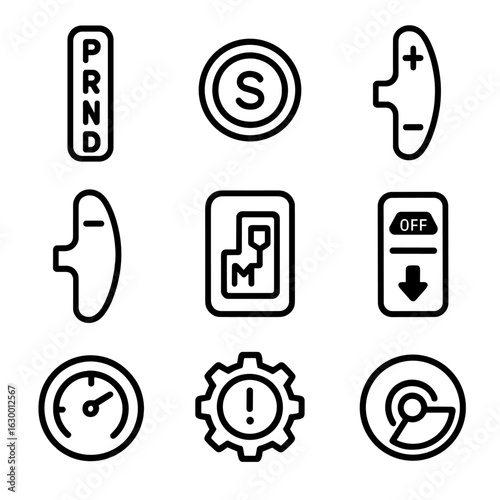 Transmission Control Icons. Outline icon set of automatic transmission controls: PRNDL selector, sport mode button, paddle shifter