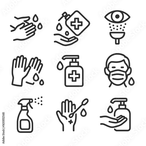 Medical Hygiene Icons. Outline icon set of rinse in medical: hand washing, antiseptic rinse, eye wash, sterile gloves, sanitizer