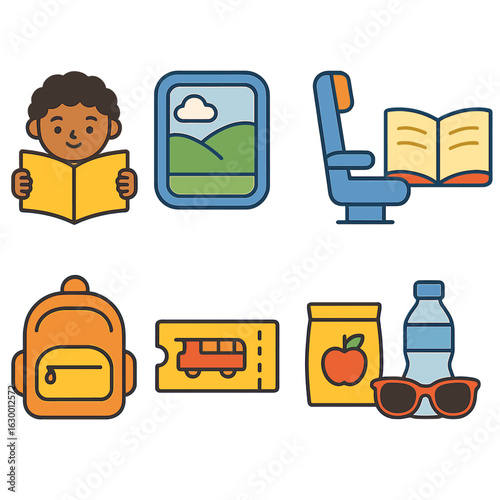 Train Adventure Icons. Flat vector mini-illustrations a child reading during a train journey in colors children's illustrations: