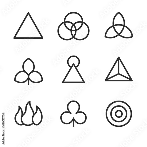 Trinity Symbols Icon Set. Outline icon set of Trinity symbols and geometry: equilateral triangle, interlocking rings, triquetra