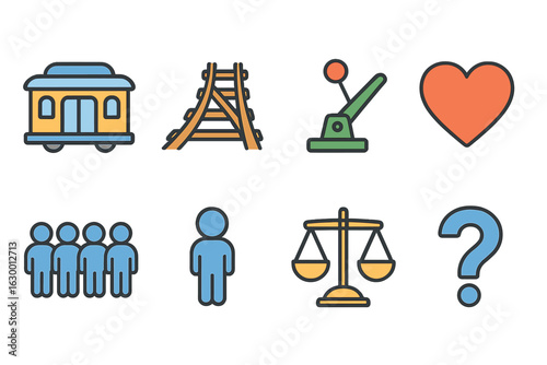 Trolley Dilemma Icons. Flat vector mini-illustrations trolley dilemma in colors children's illustrations: trolley, track fork,