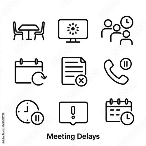 Meeting Delay Icons. Outline icon set of meeting delays: meeting room empty, video call buffering icon, participants waiting
