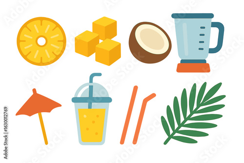 Tropical Fruit Icons. Flat vector mini-illustrations tropical fruit smoothie bar in colors children's illustrations: pineapple