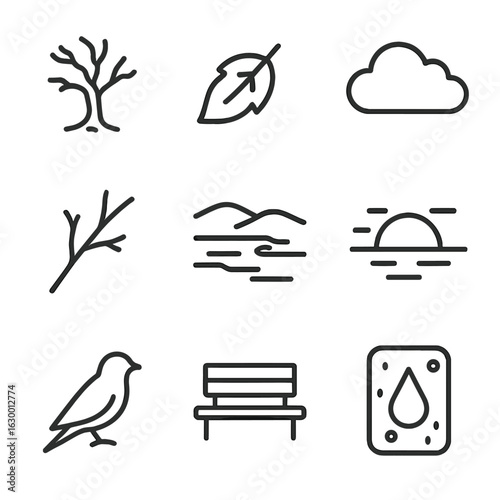 Melancholic Nature Icons. Outline icon set of melancholic nature scenes: withered tree, fallen leaf, overcast cloud, droplet on