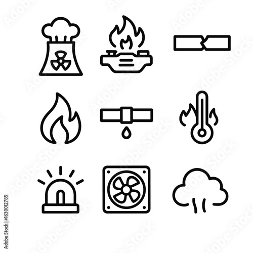 Meltdown Icon Set. Outline icon set of meltdown scenarios: nuclear reactor, overheating engine, cracked metal, fire outbreak,