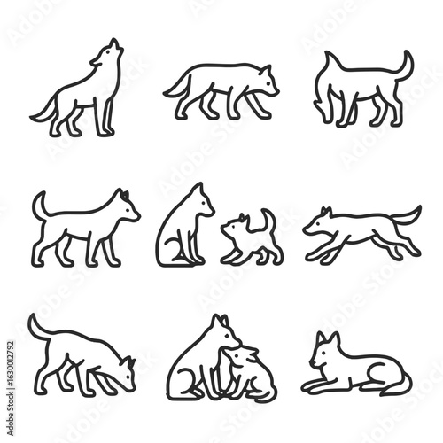 Wolf Behavior Icons. Outline icon set of wolf behaviors: howling posture, stalking silhouette, territory marking, social greeting,