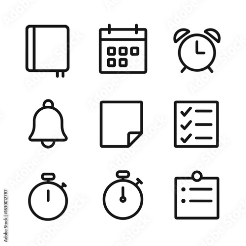 Memory Aid Icons. Outline icon set of memory aids: diary, calendar, alarm clock, reminder bell, sticky note, checklist, timer,