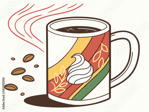 Vibrant coffee mug with colorful beans design, perfect for branding. A stylized illustration of a coffee mug filled with steaming coffee, featuring a vibrant pattern of coffee beans in various colors.