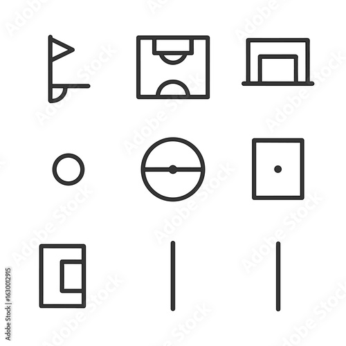 Football Pitch Icons. Outline icon set of pitch in football (soccer): corner kick, penalty area, goal box, free kick spot, center