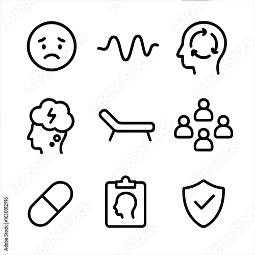 Mental Health Icon Grid. Outline icon set of mental health comorbidity: depression mood outline, anxiety wave icon, bipolar cycle