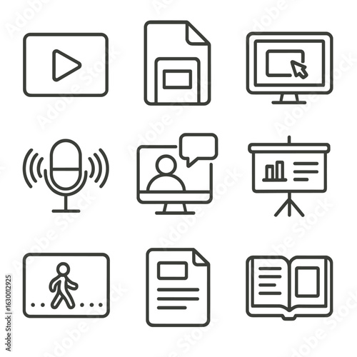 Content Delivery Icons. Outline icon set of content delivery methods: video, PDF, interactive module, podcast,