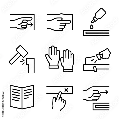 Troubleshooting Icon Set. Outline icon set of troubleshooting actions: pulling handle gently, pushing drawer back, applying