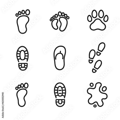 Footprint Icon Set. Outline icon set of footsteps: human footprint, baby footprint, animal paw print, boot print, sandal print,