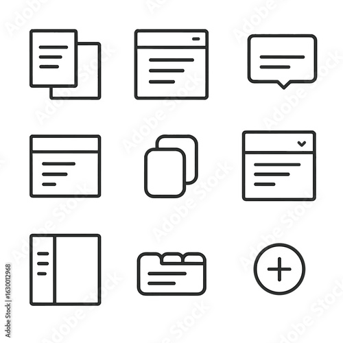 UI Icon Set. Outline icon set of layered UI components: navigation drawer, modal window, tooltip, dropdown menu, card stack,