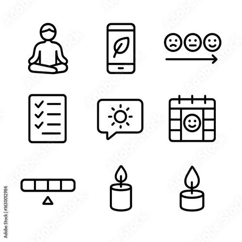 Mental Wellness Icons. Outline icon set of mental wellness journaling: meditation icon, breathing app, emotional scale, self-care