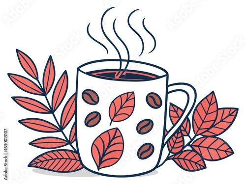 Vibrant coffee mug with colorful beans design, perfect for branding. A stylized illustration of a coffee mug filled with steaming coffee, featuring a vibrant pattern of coffee beans in various colors.