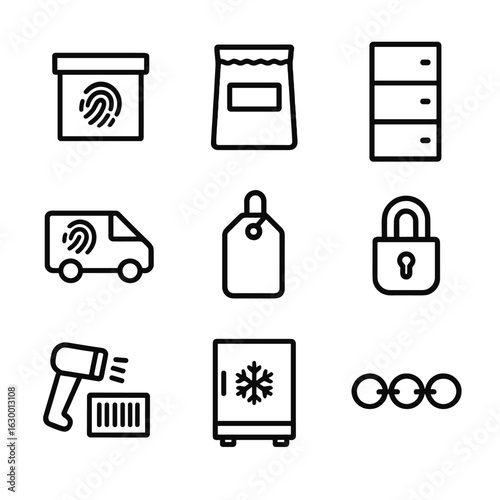 Forensic Icon Set. Outline icon set of forensic transportation and storage: evidence box, sealed bag, storage locker, transport