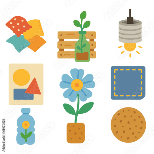 Upcycling Icons Galore. Flat vector mini-illustrations upcycling and repurposing materials in colors children's illustrations: