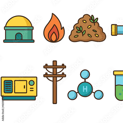Urban Bioenergy Icons. Flat vector mini-illustrations urban bioenergy plants in colors children's illustrations: biogas digester