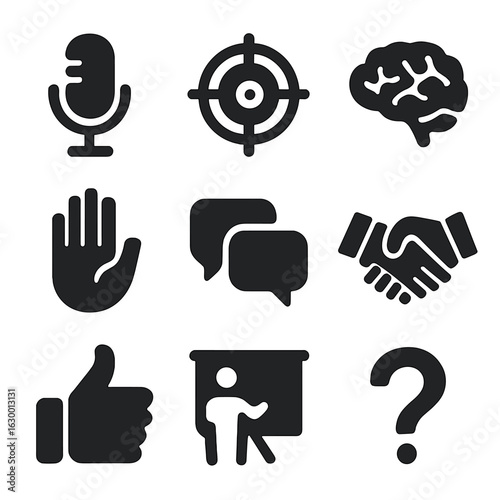 Conversational Influence Icons. Solid, filled icons set of conversational influence: microphone, target, brain