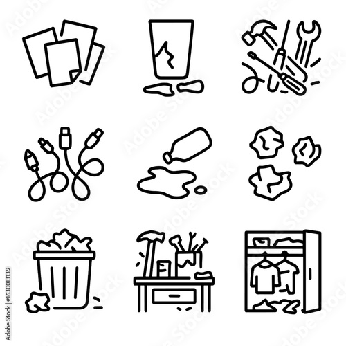 Messy Icons Grid. Outline icon set of messy environments: scattered documents, broken glass, unorganized tools, mixed cables,