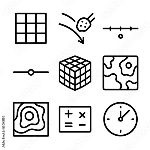 Meteorite Simulation Icons. Outline icon set of meteorite simulation elements: finite element grid, impact trajectory, simulation