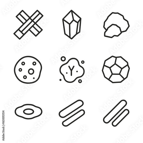 Meteorite Composition Icons. Outline icon set of meteorite composition elements: nickel-iron alloy, olivine crystal, pyroxene
