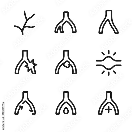 Blood Vessel Icons. Outline icon set of blood vessels in bruises: capillary, vein, artery, rupture, clot, swelling, blood flow,