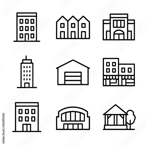 Urban Development Icons. Outline icon set of residential and commercial development: apartment building, townhouse row, shopping