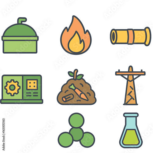 Urban Bioenergy Icons. Flat vector mini-illustrations urban bioenergy plants in colors children's illustrations: biogas digester