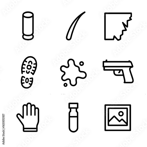 Forensic Evidence Icons. Outline icon set of forensic evidence types: bullet casing, hair strand, torn fabric, footprint, blood