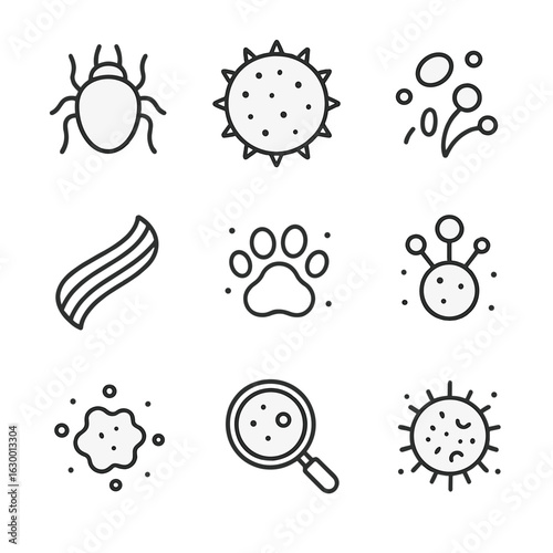 Microscopic Dust Icons. Outline icon set of dust particles microscopic view: dust mite, pollen grain, dirt particle, fiber, pet