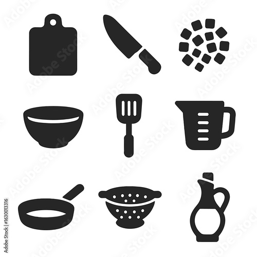 Cooking Prep Icons. Solid, filled icons set of cooking prep for lasagna: cutting board, chef knife, chopped