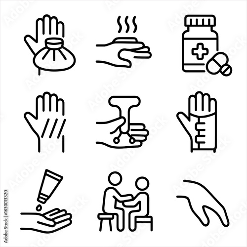 Wrist Pain Icon Set. Outline icon set of wrist pain relief: ice pack, heat pad, painkillers, acupuncture, massage tool, wrist