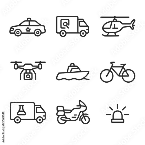 Forensic Transport Icons. Outline icon set of forensic transportation: police car, evidence van, helicopter, drone, patrol boat,