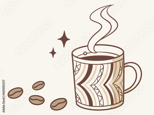 Vibrant coffee mug with colorful beans design, perfect for branding. A stylized illustration of a coffee mug filled with steaming coffee, featuring a vibrant pattern of coffee beans in various colors.