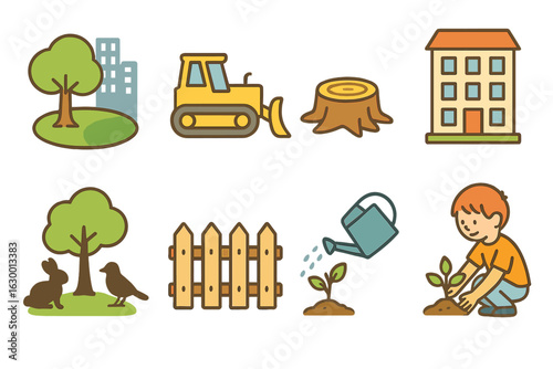 Urban Sprawl Effects. Flat vector mini-illustrations urban sprawl impact on green spaces in colors children's illustrations: