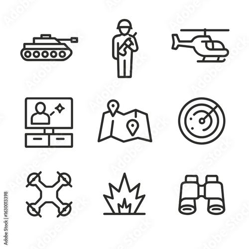 Military Icon Set. Outline icon set of military operations: tank, soldier, helicopter, command center, map with markers, radar,