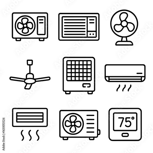 Cooling Appliances Icons. Outline icon set of cooling appliances: central air conditioning, window AC unit,